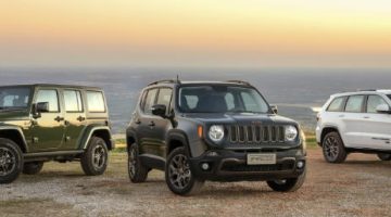Foto dos modelos Renegade, Wrangler e Grand Cherokee da série especial de aniversário de 75 anos da Jeep