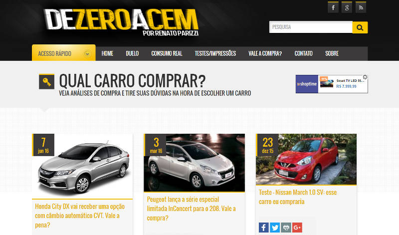 Print do De 0 a 100 da seção Qual carro comprar