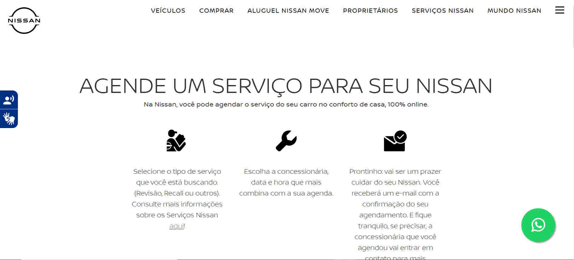 Print do site da Nissan com a tela de agendamento