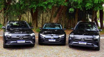 Foto de capa dos Mercedes-Benz elétricos EQA, EQE e EQB no Brasil