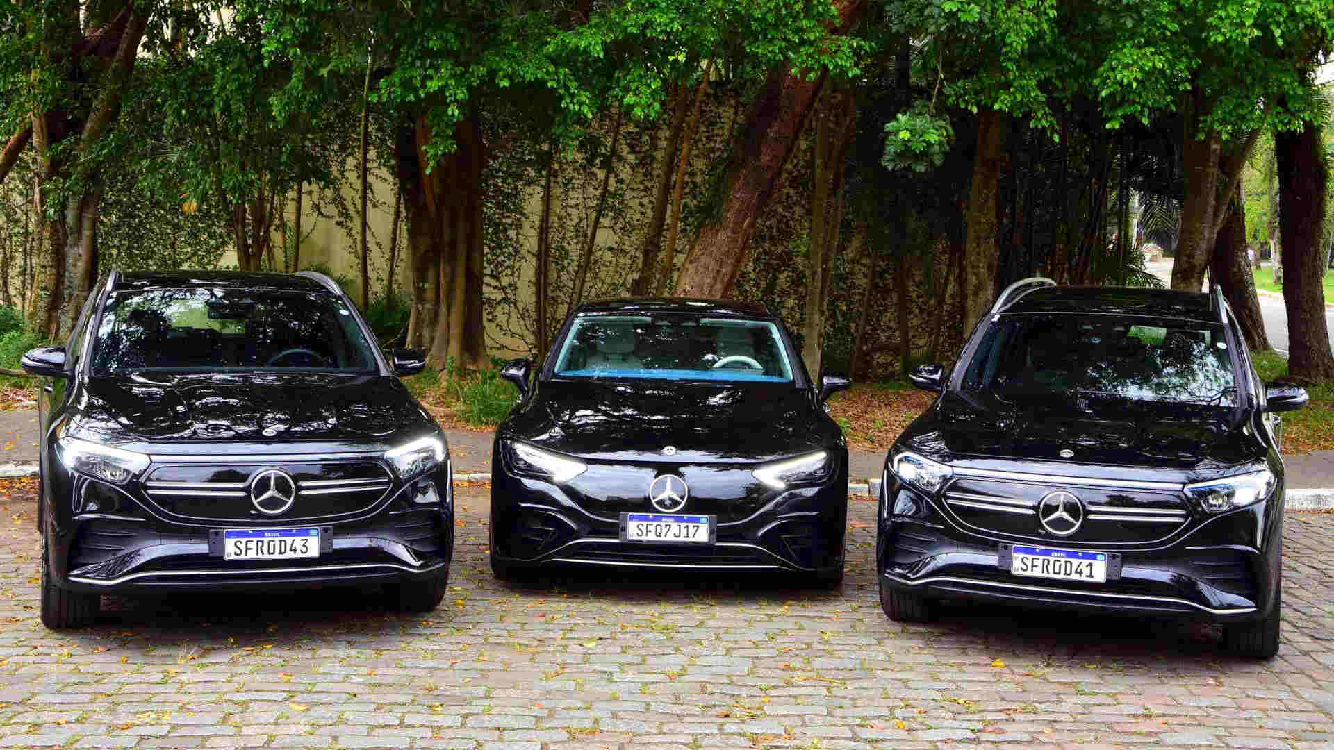 Foto de capa dos Mercedes-Benz elétricos EQA, EQE e EQB no Brasil