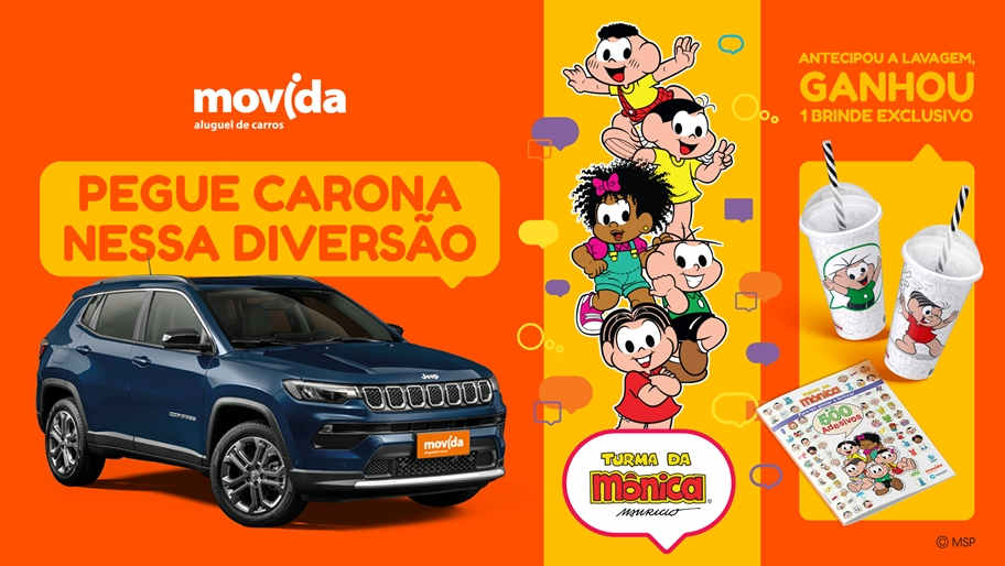 Imagem ilustrativa que mostra a ação promocional da Movida com a Turma da Mônica